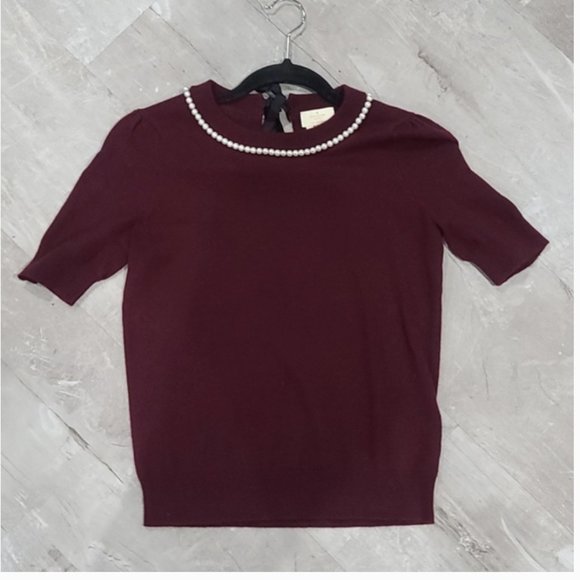 Kate Spade Burgundy Maroon Pearl Embellished Short Sleeve Sweater size small nwo - Picture 3 of 4